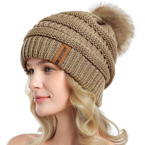 Women Khaki Soft Acrylic Thick Baggy Knit Winter Faux Fur Pompom Beanie - Picture 2 of 6